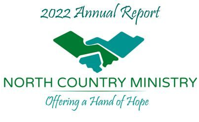 2022 Annual Report for North Country Ministry, featuring a graphic of two green stylized hands shaking and the motto.