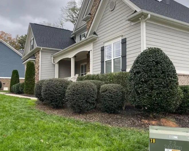 A house with a lot of bushes in front of it.