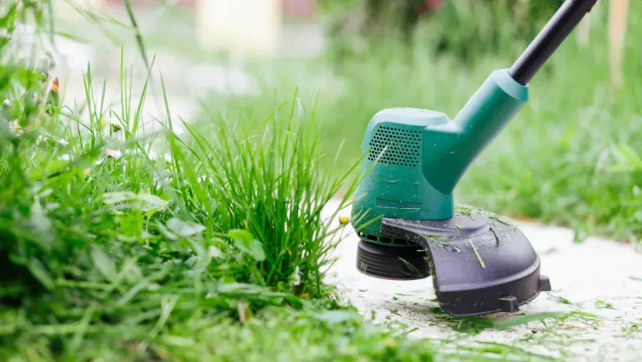 A person is cutting grass with a lawn mower.