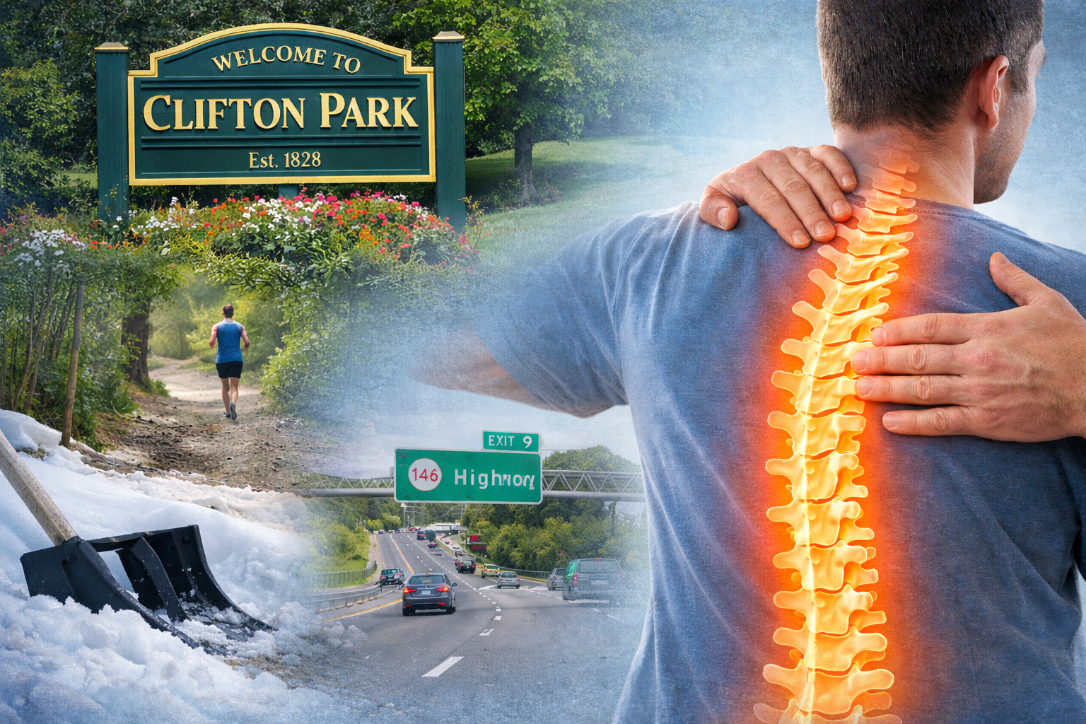 Chiropractor adjusting a patient’s upper back with highlighted spine, set against local Clifton Park, NY scenery including outdoor activity, winter conditions, and Route 146 traffic, representing everyday spinal function and active living.