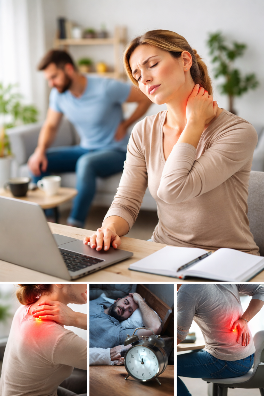 Woman with neck pain, using laptop. Man has back pain. Lower images show shoulder pain, sleep, and back pain.