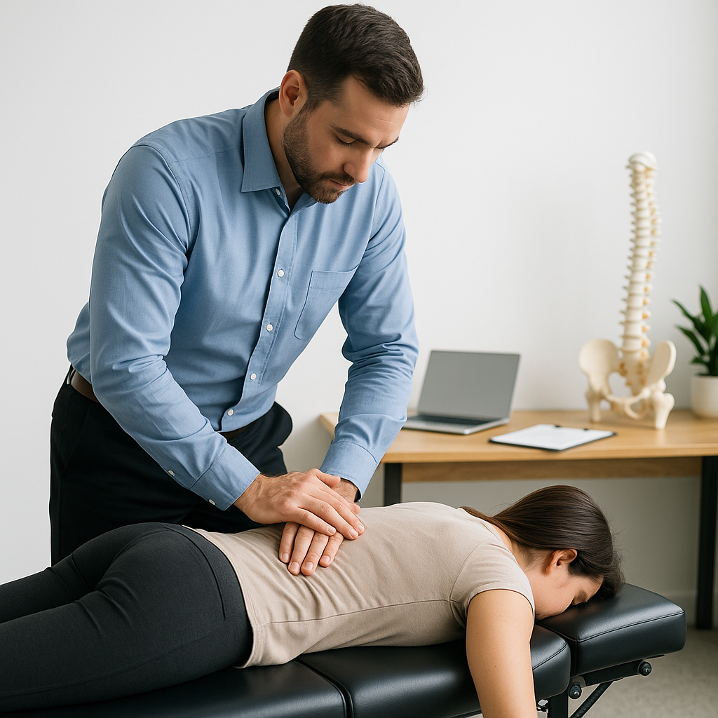 A chiropractor performing a mid-back adjustment on a patient lying face down on a treatment table in a modern office setting.