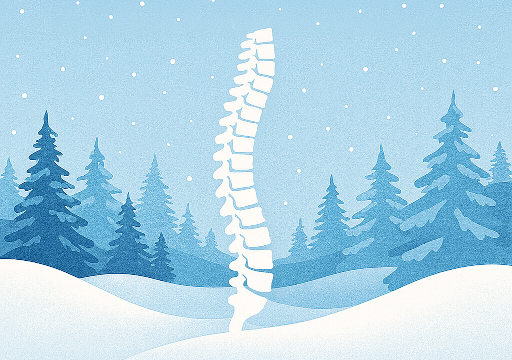 A winter-themed illustration showing a human spine standing upright among snow-covered hills and pine trees.