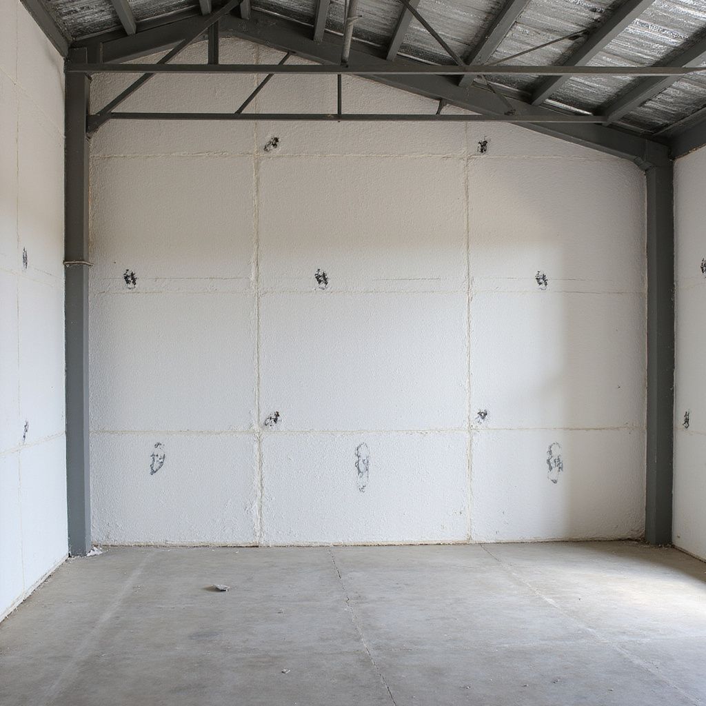 Interior of a warehouse: white foam-insulated walls, gray floor, metal beams, and framing.