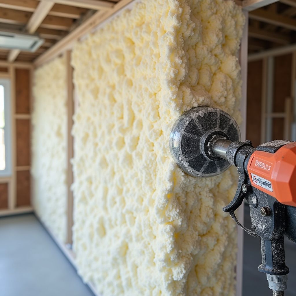 A person sprays insulation foam into a wall cavity with an orange spray gun.
