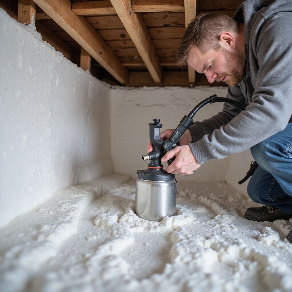 Man spraying insulation in a crawl space under a wooden structure, white foam on the walls and floor.