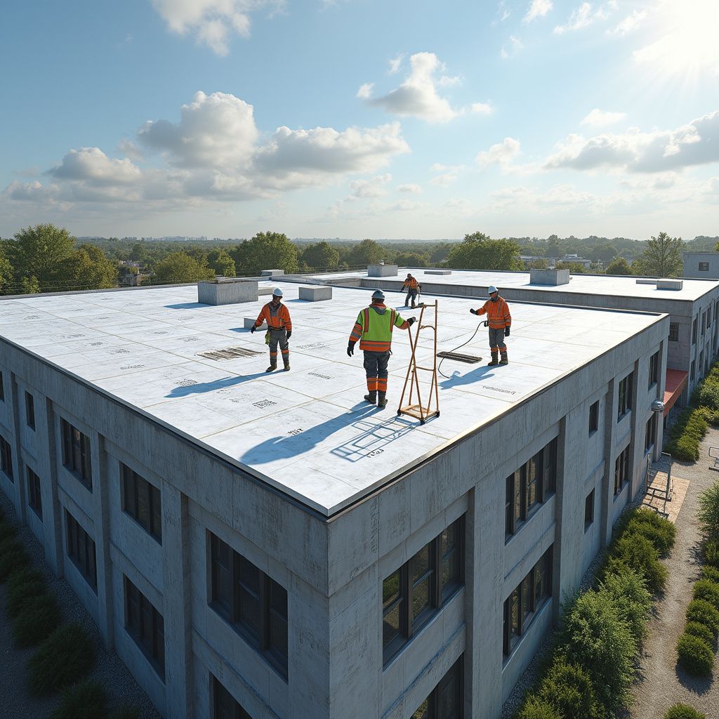 Construction workers on a building roof, wearing safety vests. Sunny day, blue sky.