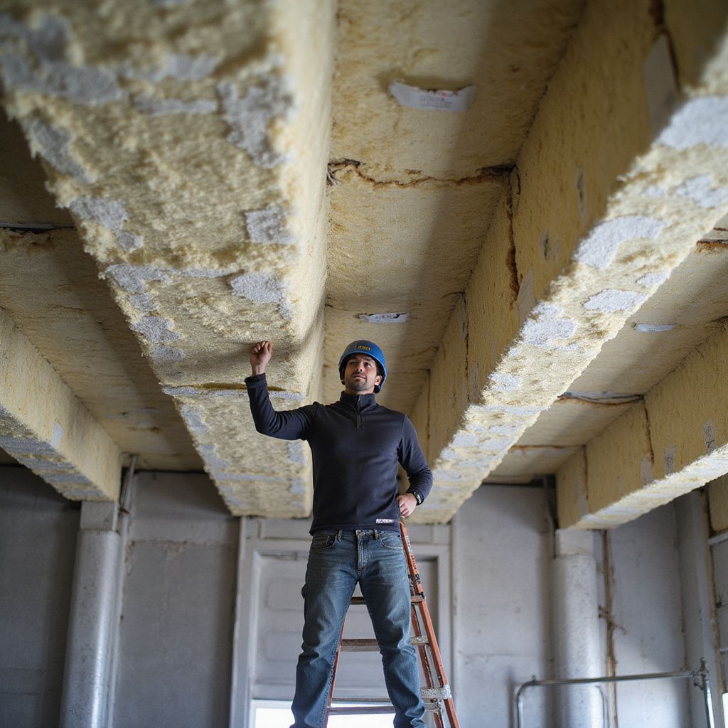 Man on ladder inspecting ceiling beams covered in insulation.