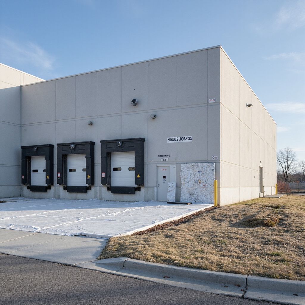 Loading docks on a gray industrial building with a blue sky.