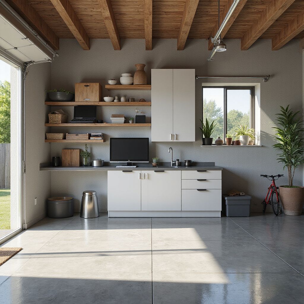 Garage converted to a work space with a desk, cabinets, shelves, and a window overlooking a yard.