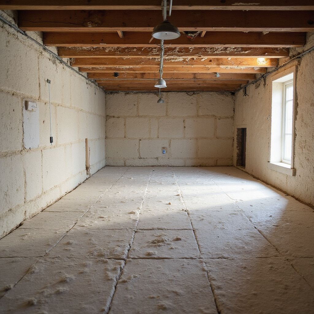 Empty, beige-walled room with exposed wooden beams, a single light fixture, and a window.
