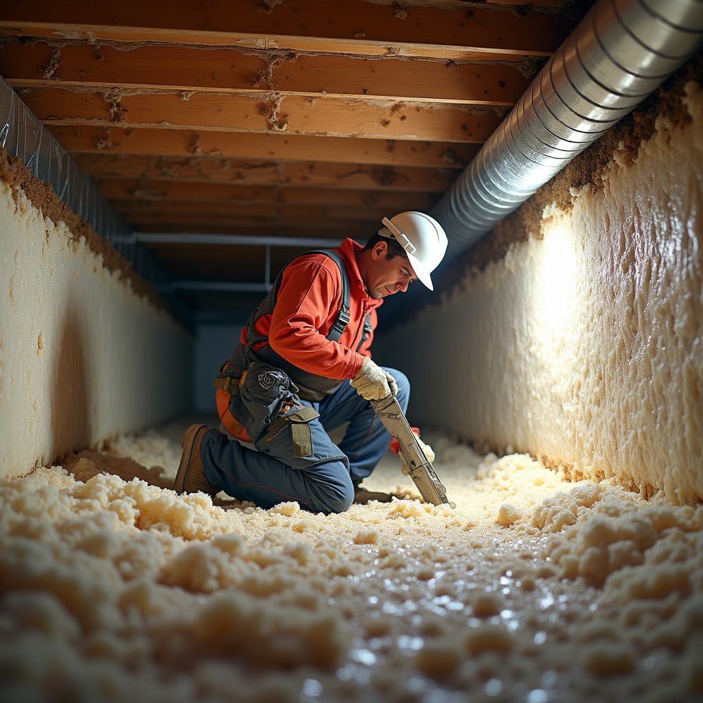 Construction worker in crawl space, applying spray foam insulation. Beige foam, silver ductwork, and a wood structure.