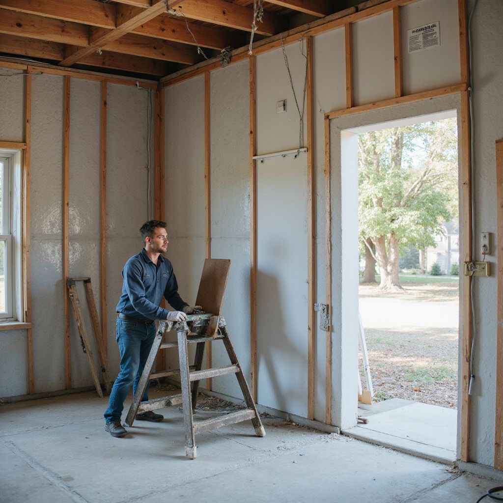 Man inside unfinished room, using laptop on stepladder, doorway open to outside.