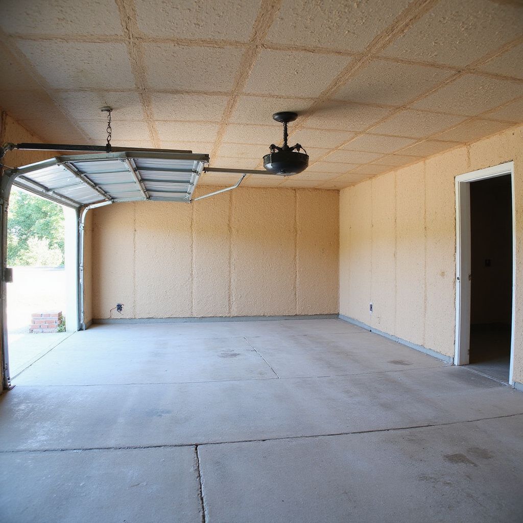 Empty garage with open door, concrete floor, textured walls, and ceiling fan.