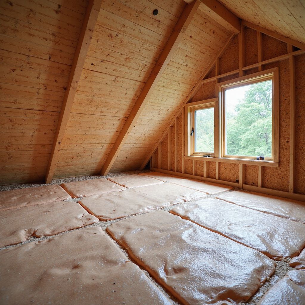 An attic interior with exposed wooden beams, window, and pink insulation on the floor.