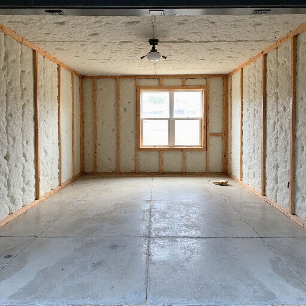 Interior of a room with insulation between wooden studs. Concrete floor and a window visible.