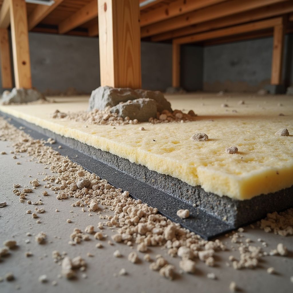 Insulation installed under a building's floor, showing a black base layer, yellow insulation, and scattered gravel.