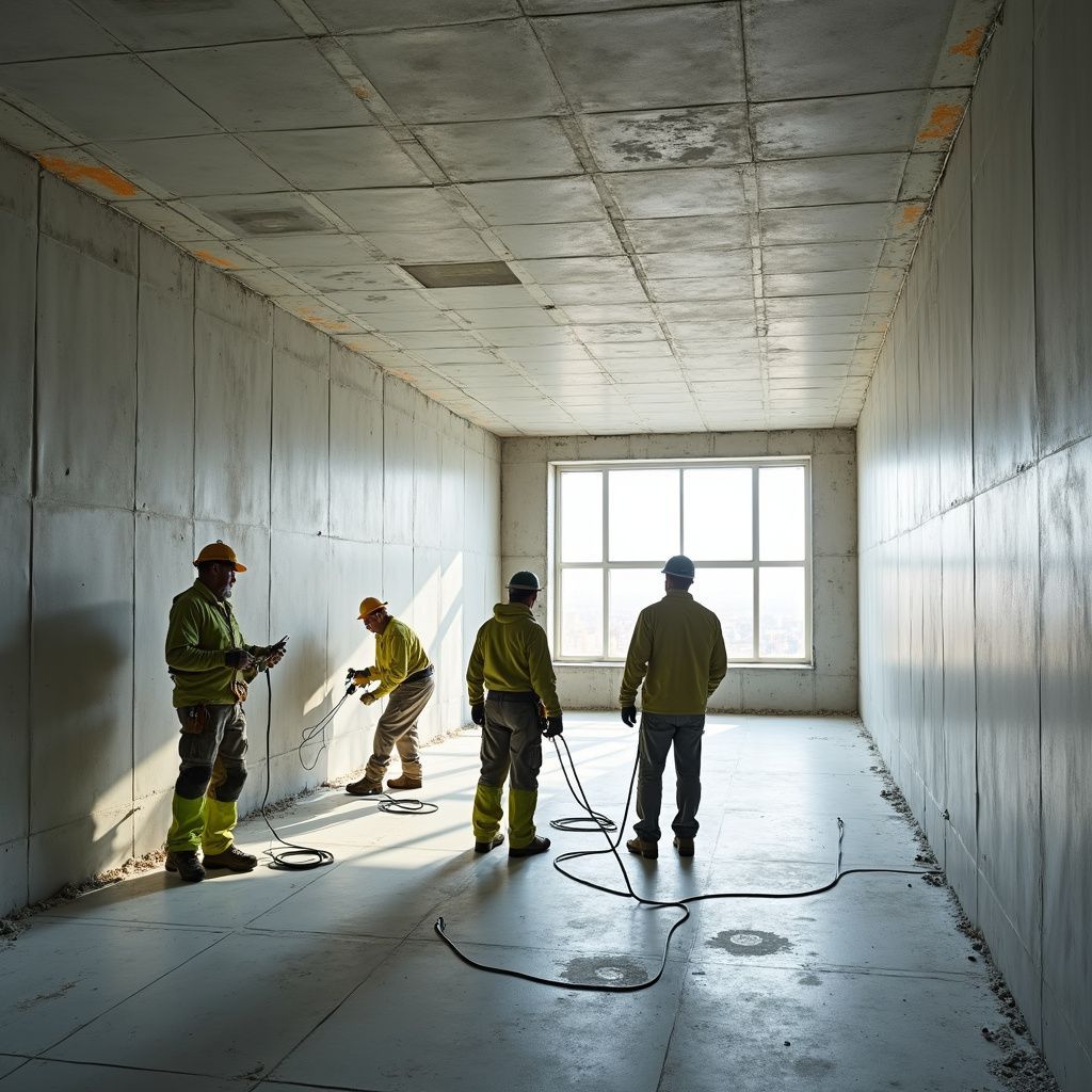 Four construction workers inside a concrete room, working on the floor and walls near a window.