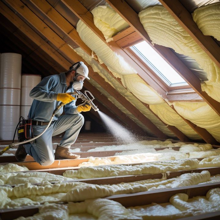 Worker in protective gear spraying insulation in an attic. White foam covers the beams and floor.