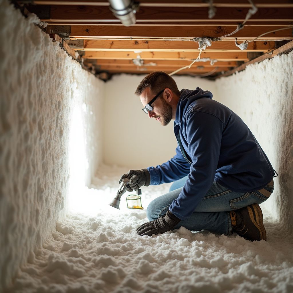 Man in crawl space with flashlight, surrounded by insulation, inspecting, wearing glasses.