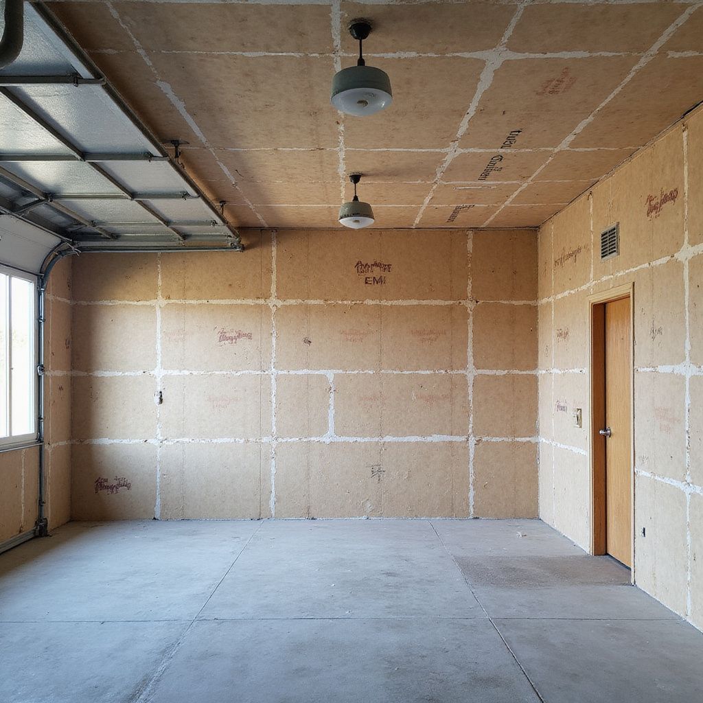 Empty garage with light-colored walls, cement floor, overhead door, two lights, and a doorway.