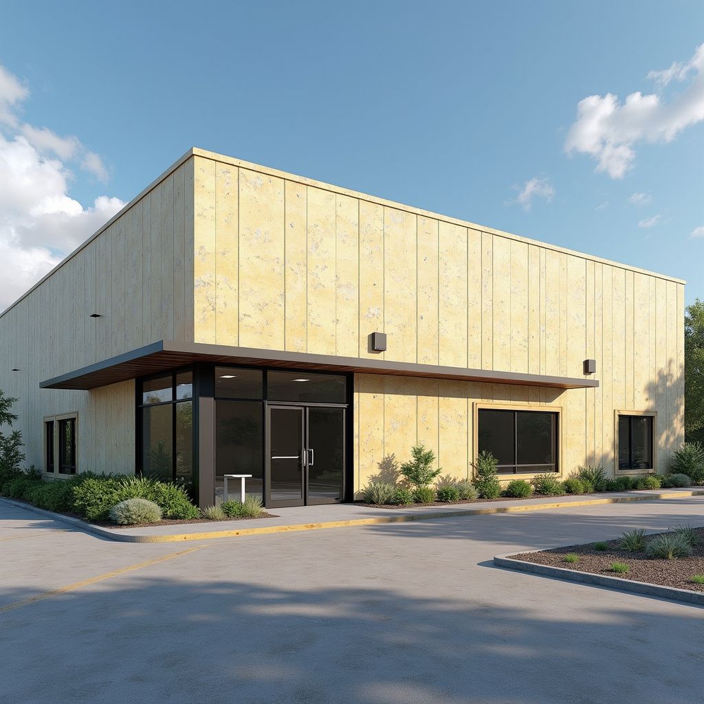 Modern, tan industrial building with dark-framed windows and entrance, under a blue sky.