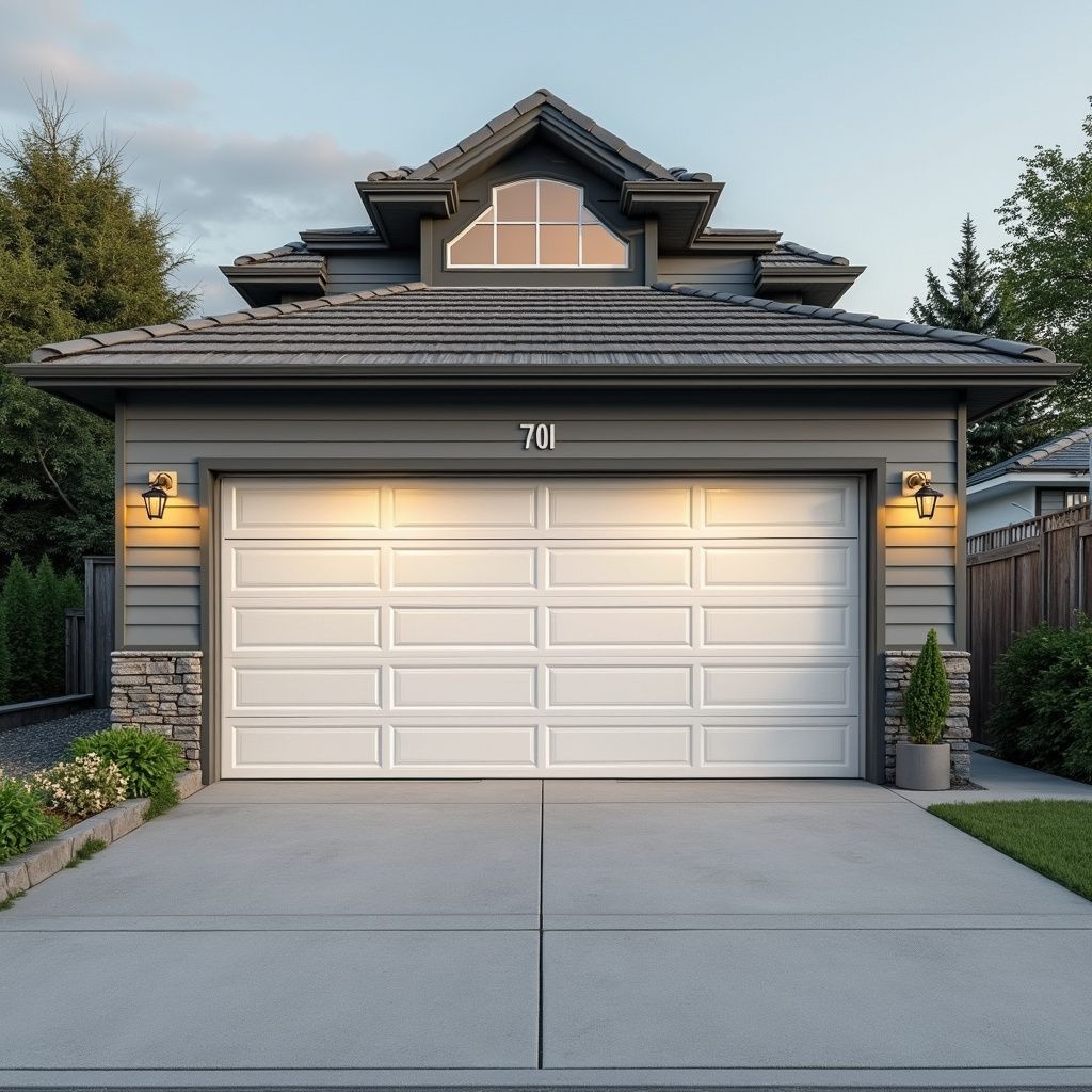 Gray garage with white door, lights, and concrete driveway.