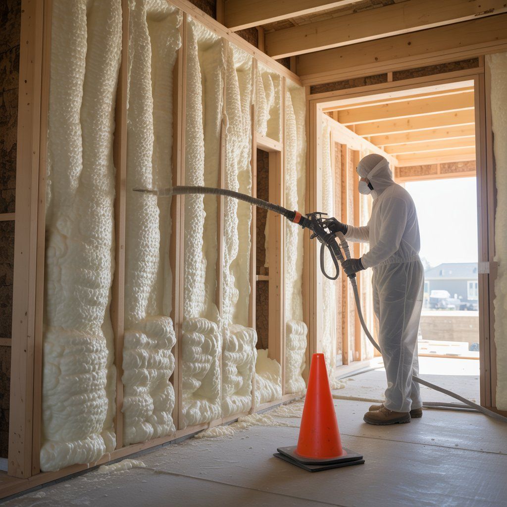 Person in protective suit sprays pink foam insulation onto a wooden wall.