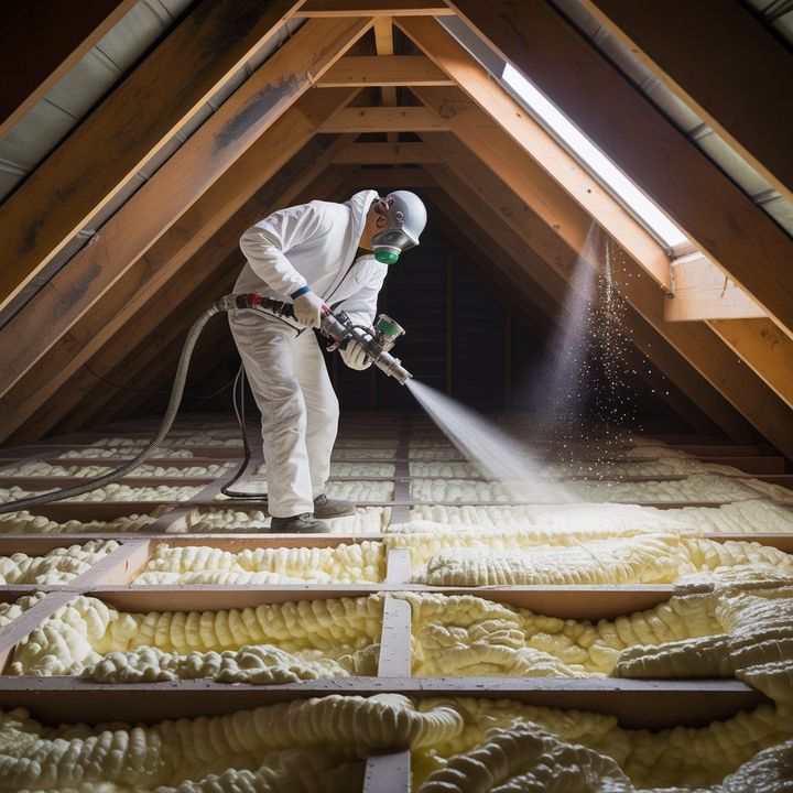 Person in protective suit spraying foam insulation on a wall.