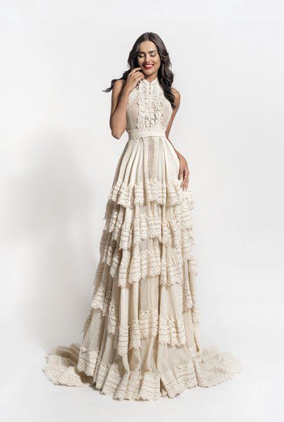 ivory wedding dress with tiered train