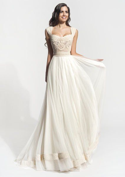 model in long wedding dress