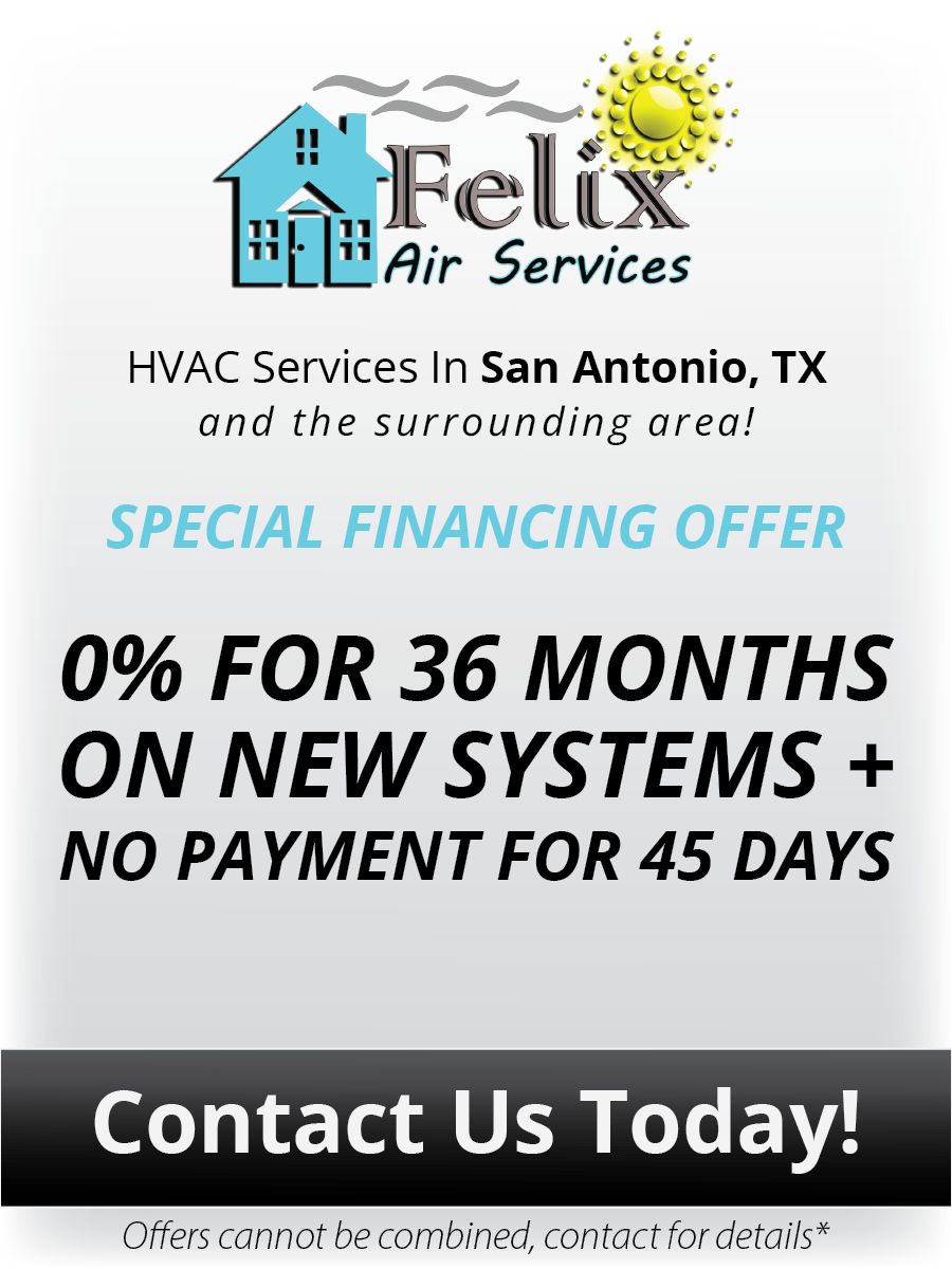 Banner highlighting a special financing offer from Felix Air Services: '0% interest for 36 months on new HVAC systems, plus no payments required for the first 45 days'. An exclusive opportunity to upgrade your HVAC system with flexible payment terms.