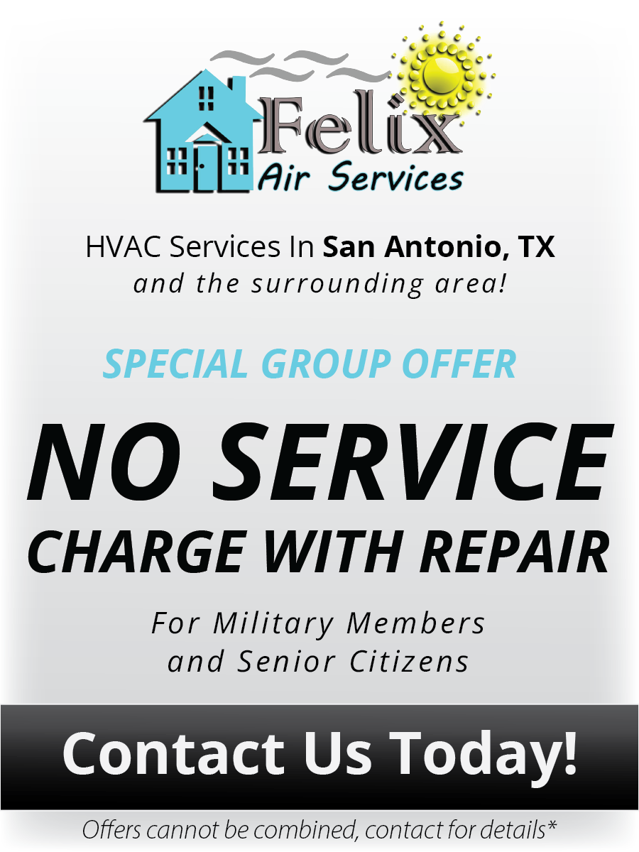Banner emphasizing a special offer from Felix Air Services: 'No Service Charge with Repair' exclusively for Military Members and Senior Citizens. A gesture of appreciation and support for our heroes and elders.