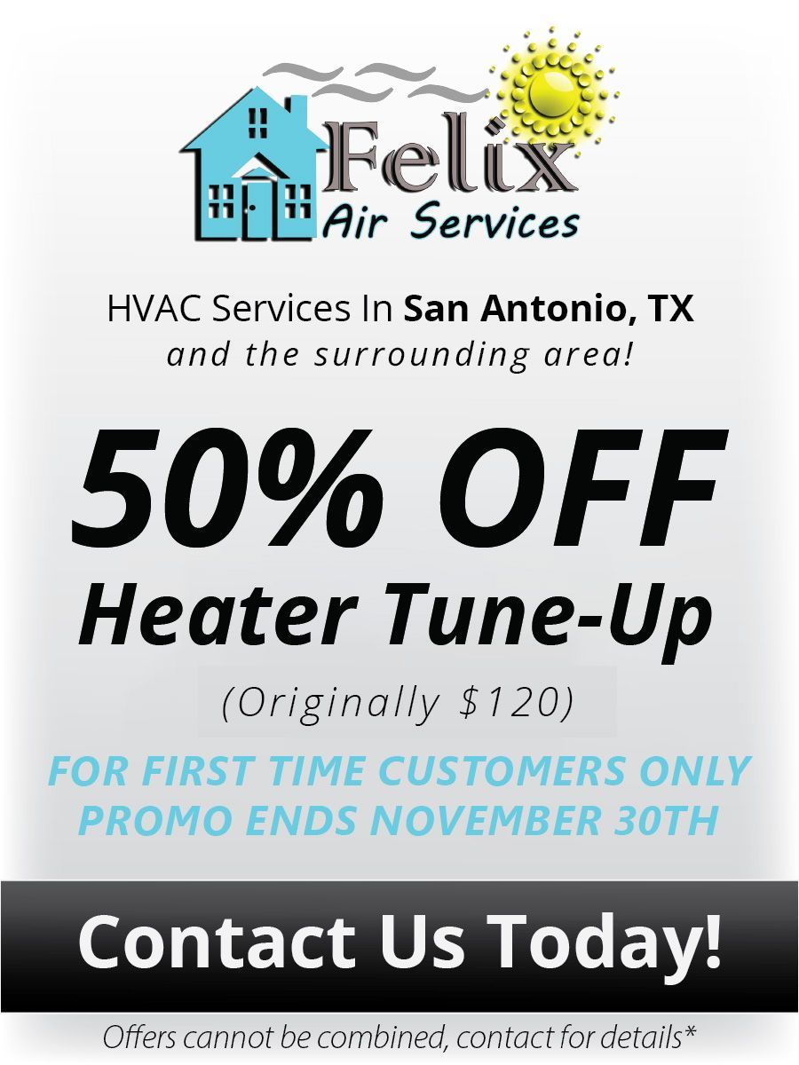 Banner showcasing a seasonal special offer from Felix Air Services: '50% Off Heater Tune-Up'. A limited-time deal to ensure your heater is in optimal condition for the colder months.