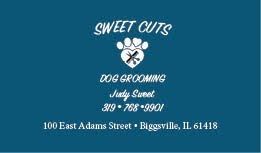Sweet Cuts dog grooming logo on teal background with paw print and Biggsville, IL address