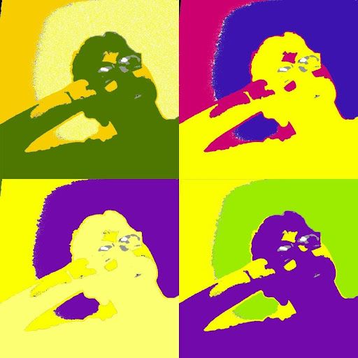 Pop-art four-panel portrait of a person holding a microphone in bold green, pink, yellow, and purple colors