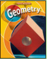 A red cube with a hole in it is on the cover of a geometry book.