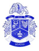 A blue and white coat of arms for msad59