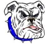 A drawing of a bulldog with a blue collar