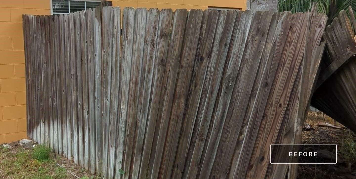 A before and after photo of a wooden fence.