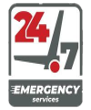Logo: 24/7 emergency services with a clock face, red numbers, and gray text. Logo: 24/7 emergency services with a clock face, red numbers, and gray text.