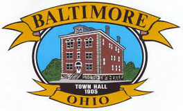 Baltimore, Ohio town seal: brown brick town hall in a blue circle, surrounded by a banner with Baltimore, Ohio town seal: brown brick town hall in a blue circle, surrounded by a banner with
