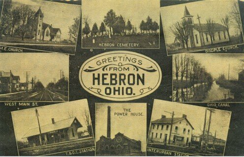 Postcard of Hebron, Ohio, with views of a church, cemetery, canal, railroad, and buildings. Postcard of Hebron, Ohio, with views of a church, cemetery, canal, railroad, and buildings.