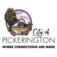 City of Pickerington logo: a purple circle with a watercolor of a covered bridge, text City of Pickerington logo: a purple circle with a watercolor of a covered bridge, text