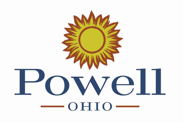Powell Ohio logo: Sunflower above blue Powell Ohio logo: Sunflower above blue
