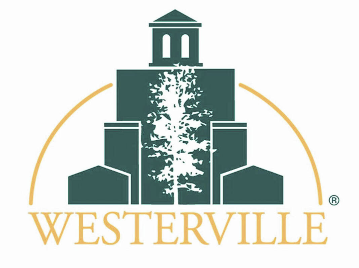 Westerville logo: green building with tree silhouette, gold arch, and Westerville logo: green building with tree silhouette, gold arch, and