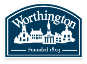 Worthington, Ohio, city logo with white buildings on a blue background; Worthington, Ohio, city logo with white buildings on a blue background;