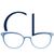 Logotipo de gafas azules con letras estilizadas de color azul oscuro sobre la montura.
