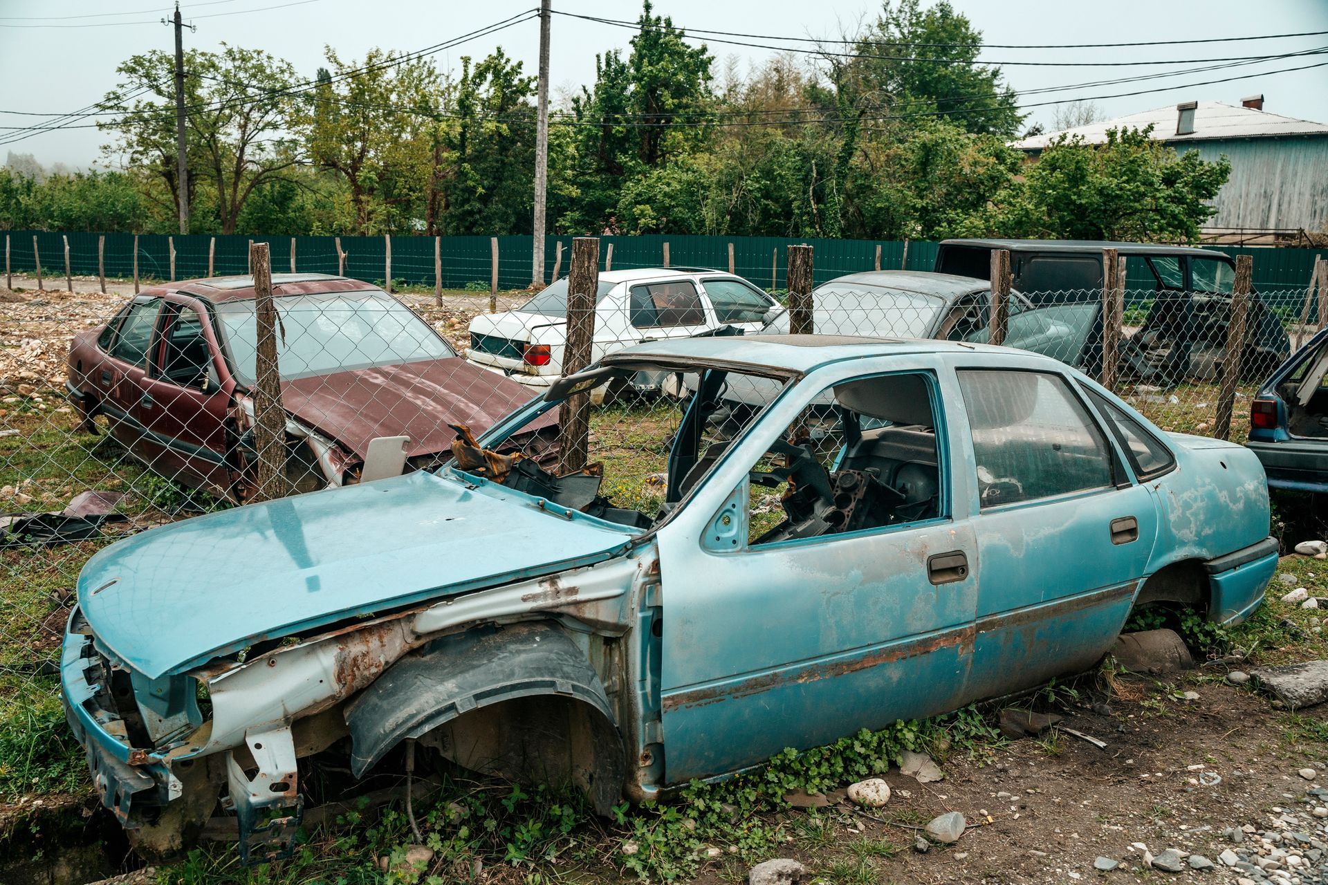A bunch of old cars are sitting in a junkyard.