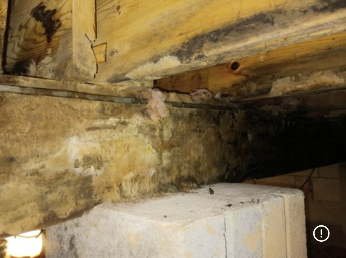 A close up of a wooden beam in a basement.